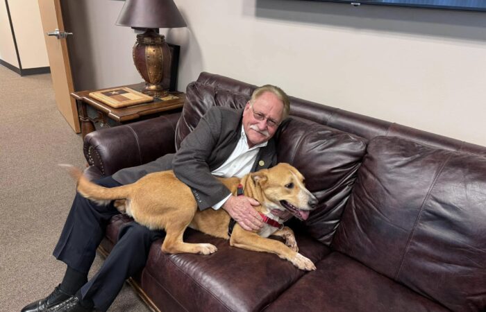Judge Mark Keough holding a shelter dog in his office before commissioner's court.