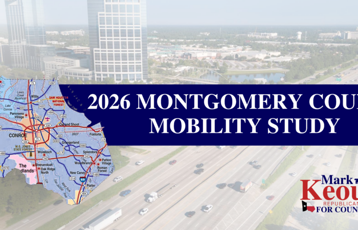 Montgomery County Judge Mark Keough is excited to announce the start of the 2026 Montgomery County Mobility Study. A first of its kind study for Montgomery County, this plan will evaluate and deliver data to help drive the future growth of Montgomery County for years to come.